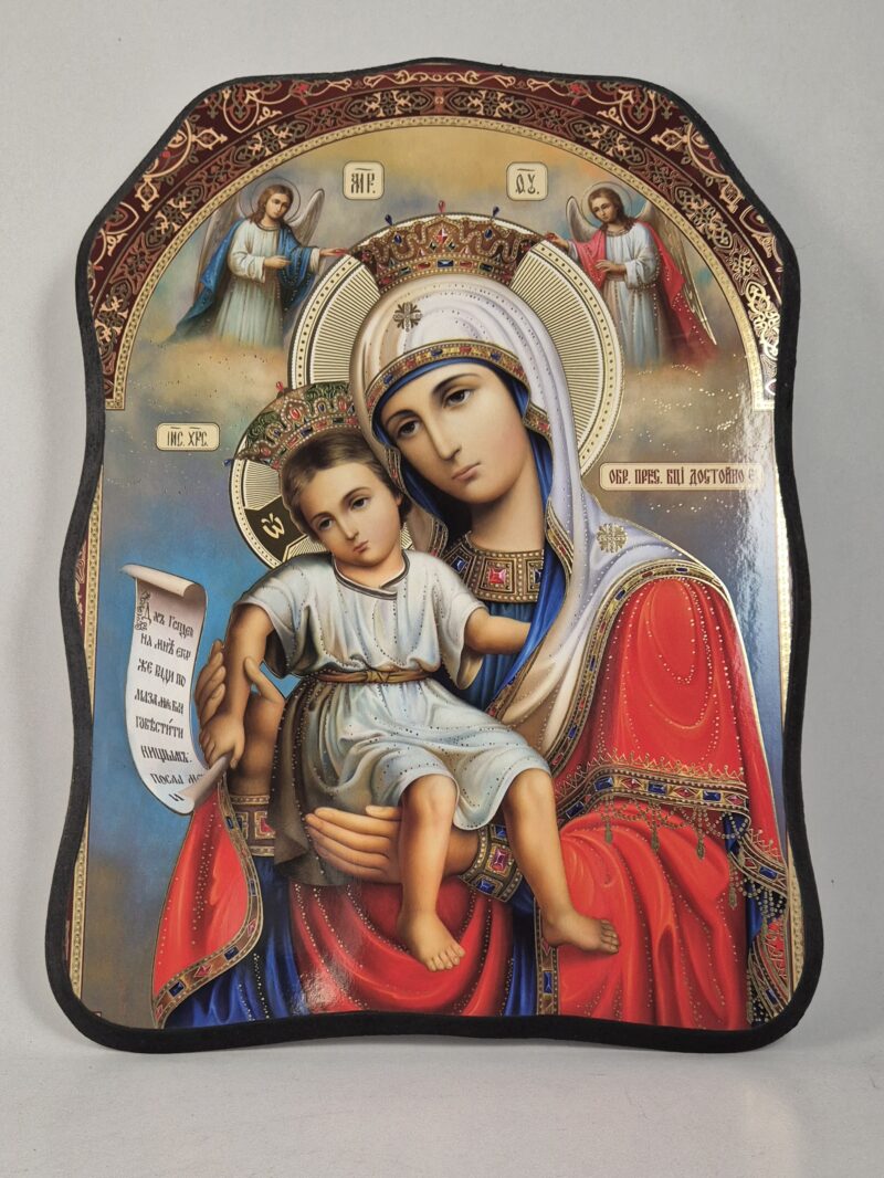 ICOANĂ LITOGRAFIATĂ PE MDF - DECUPATĂ - MAICA DOMNULUI CUVINE-SE CU ADEVĂRAT - 28X38 CM