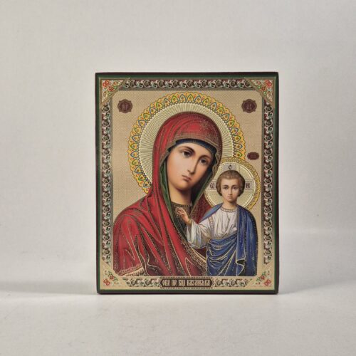 ICOANĂ LITOGRAFIATĂ PE MDF - DREAPTĂ - MAICA DOMUNULUI DIN KAZAN - AURIE - 15X18 CM