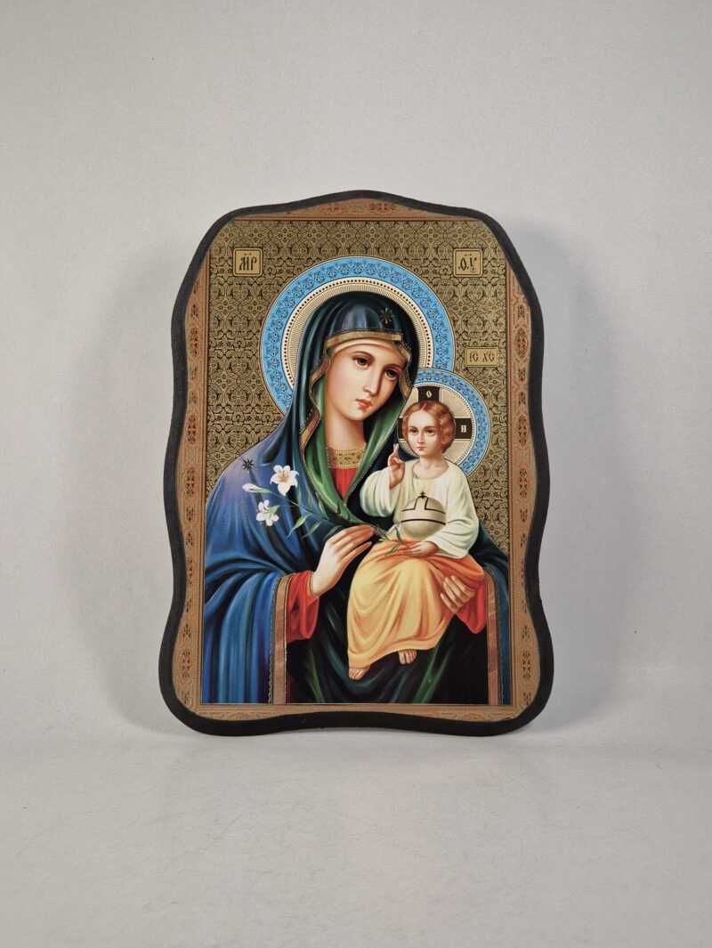 ICOANĂ LITOGRAFIATĂ PE MDF - DECUPATĂ - MAICA DOMNULUI CU CRINUL- FLOAREA CEA NEVESTEJITĂ - MODEL 4 - 21X30 CM