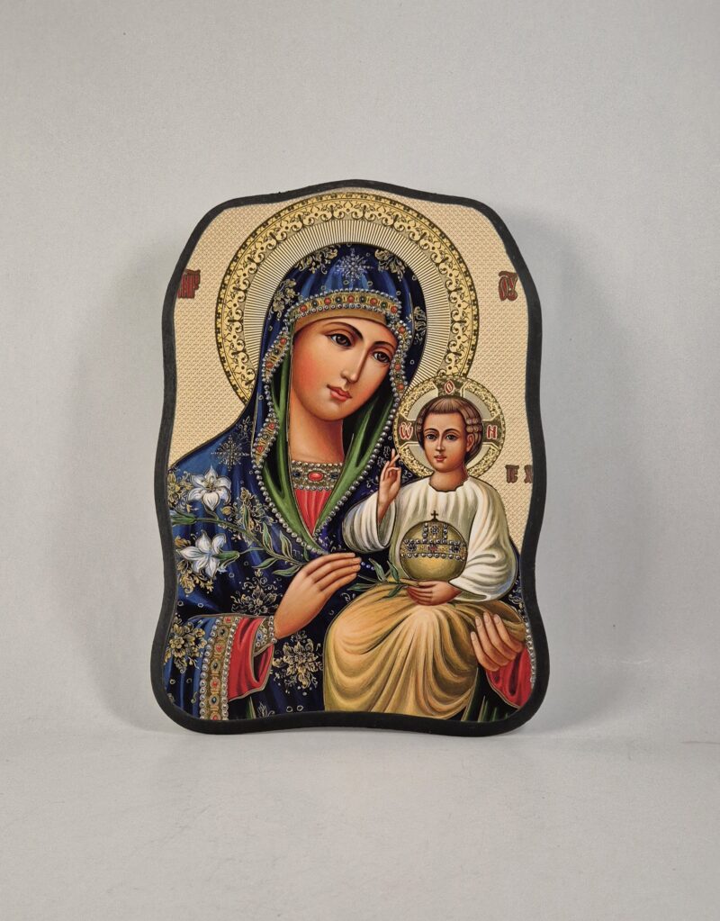 ICOANĂ LITOGRAFIATĂ PE MDF - DECUPATĂ - MAICA DOMNULUI CU CRINUL- FLOAREA CEA NEVESTEJITĂ - MODEL 2- 21X30 CM