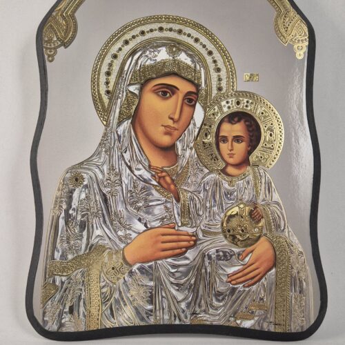 ICOANĂ LITOGRAFIATĂ PE MDF - DECUPATĂ - MAICA DOMUNULUI DIN IERUSALIM - ARGINTIE - 28X38 CM