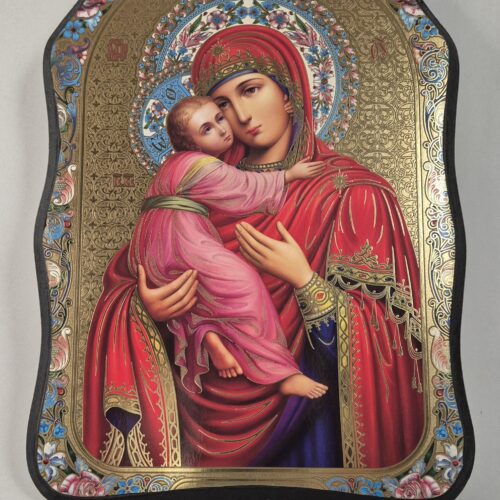 ICOANĂ LITOGRAFIATĂ PE MDF - DECUPATĂ - MAICA DOMNULUI DULCEA SĂRUTARE CU FLORI - 21X30 CM