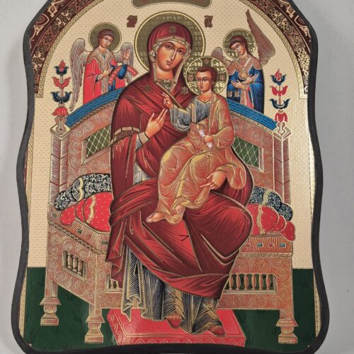 ICOANĂ LITOGRAFIATĂ PE MDF - DECUPATĂ - MAICA DOMNULUI PE TRON PANTANASSA  - 28X38 CM