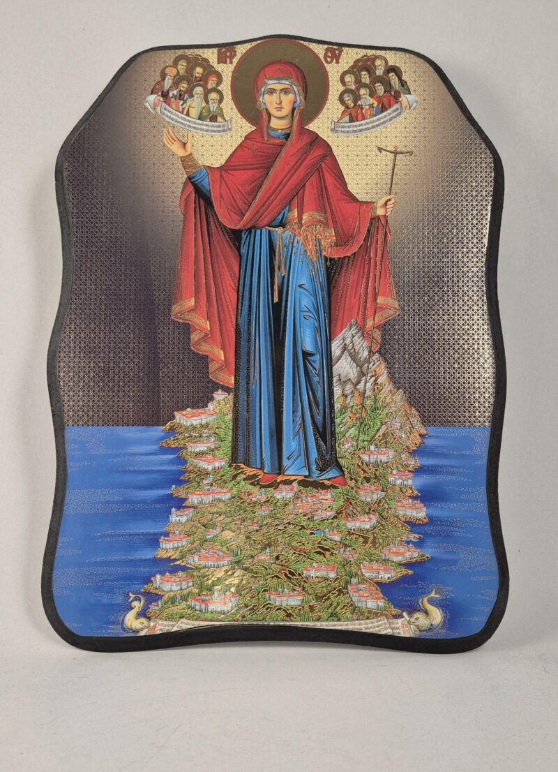 ICOANĂ LITOGRAFIATĂ PE MDF - DECUPATĂ - MAICA DOMNULUI - OCROTITOAREA MUNTELUI ATHOS - 28X38 CM