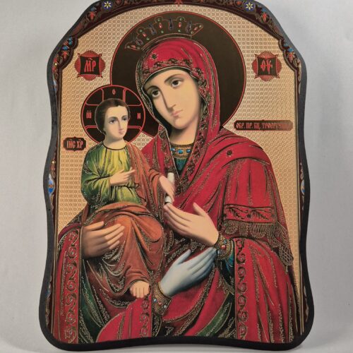 ICOANĂ LITOGRAFIATĂ PE MDF - DECUPATĂ - MAICA DOMNULUI TRIHIRUSSA - 3 MÂINI - 28X38 CM