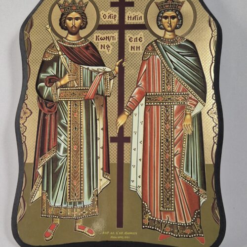 ICOANĂ LITOGRAFIATĂ PE MDF - DECUPATĂ - SFINȚII ÎMPĂRAȚI CONSTANTIN ȘI ELENA  - 21X30 CM