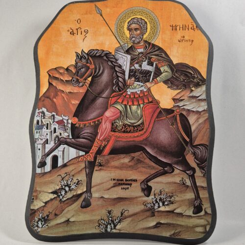 ICOANĂ LITOGRAFIATĂ PE MDF - DECUPATĂ - SFÂNTUL MARE MUCENIC MINA - 28X38 CM