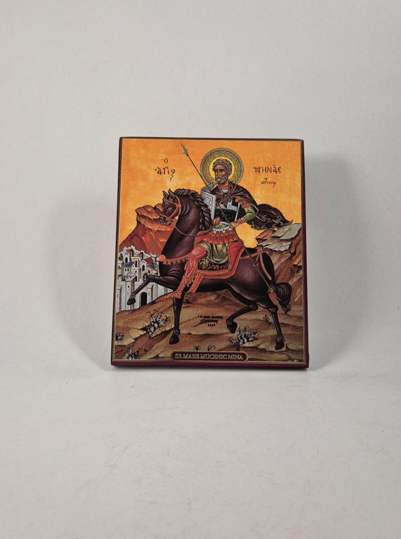 ICOANĂ LITOGRAFIATĂ PE MDF - DREAPTĂ - SFÂNTUL MARE MUCENIC MINA - 15X18 CM