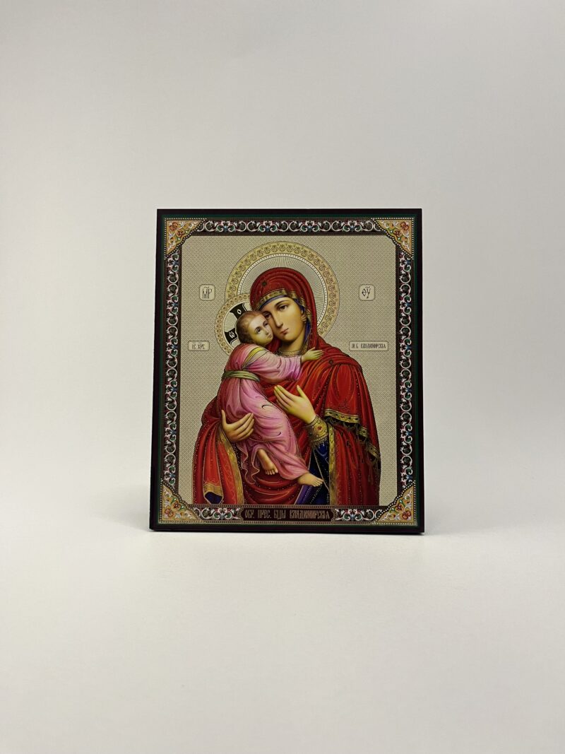 ICOANĂ LITOGRAFIATĂ PE MDF - DREAPTA - MAICA DOMNULUI DULCEA SARUTARE - COROANA - 15X18 CM