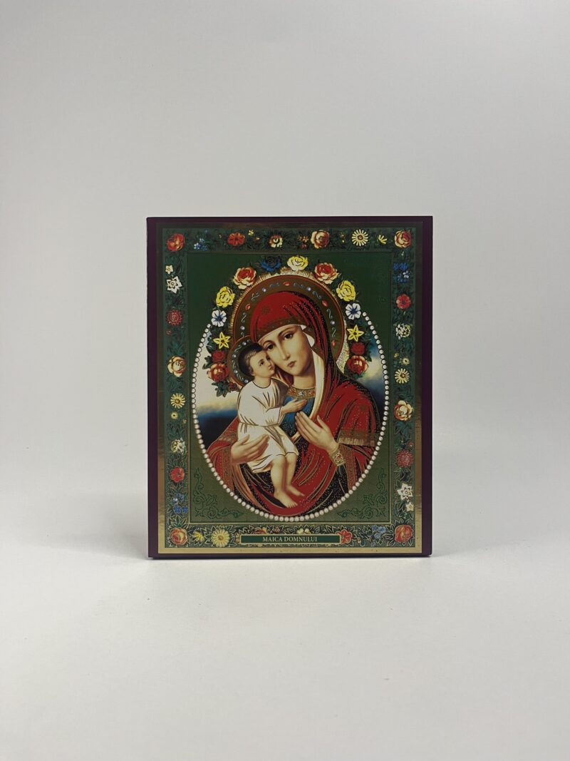 ICOANĂ LITOGRAFIATĂ PE MDF - DREAPTA - MAICA DOMNULUI FLOAREA NEPIERITOARE - 15X18 CM