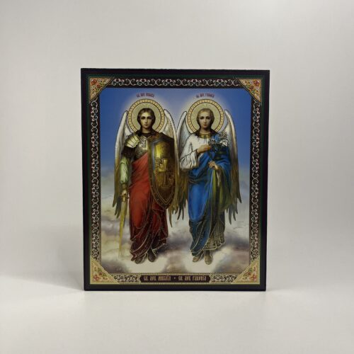 ICOANĂ LITOGRAFIATĂ PE MDF - DREAPTA - SFINTII ARHANGHELI MIHAIL SI GAVRIIL - 20X24 CM