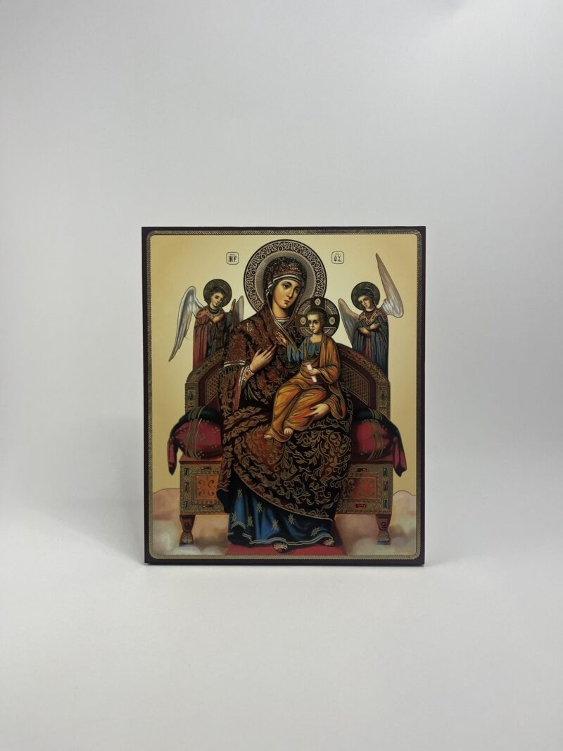 ICOANĂ LITOGRAFIATĂ PE MDF - DREAPTA - MAICA DOMNULUI PE TRON PANTANASSA - 20X24 CM