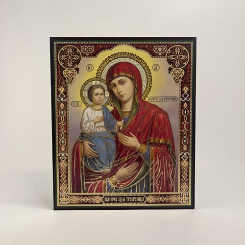 ICOANĂ LITOGRAFIATĂ PE MDF - DREAPTA - MAICA DOMNULUI TRIHIRUSSA - 3 MAINI -20X24 CM