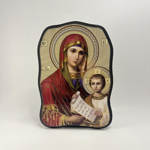 ICOANĂ LITOGRAFIATĂ PE MDF - DECUPATA - MAICA DOMNULUI POTOLESTE INTRISTARILE NOASTRE - 21X30 CM