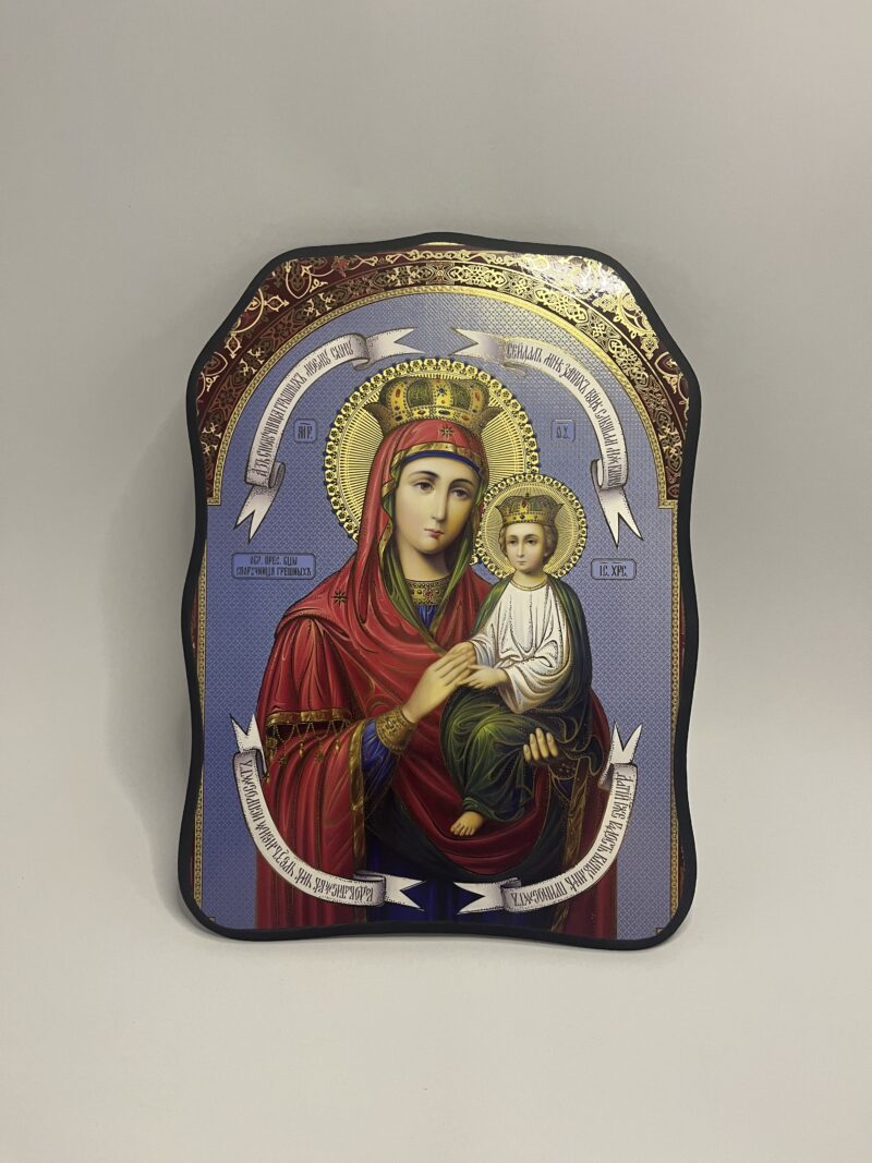 ICOANĂ LITOGRAFIATĂ PE MDF - DECUPATA - MAICA DOMNULUI MANTUIREA PACATOSILOR - 28X38 CM