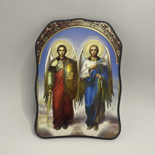 ICOANĂ LITOGRAFIATĂ PE MDF - DECUPATA - SFINTII ARHANGHELI MIHAIL SI GAVRIL - 28X38 CM