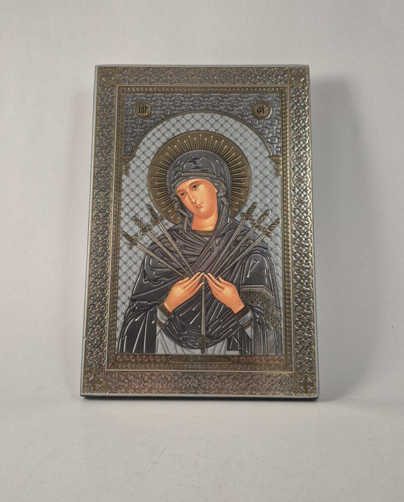 ICOANĂ LITOGRAFIATĂ PE MDF - DREAPTA - MAICA DOMNULUI CU 7 SAGETI IMBLANZIREA INIMILOR IMPIETRITE - 20X30 CM